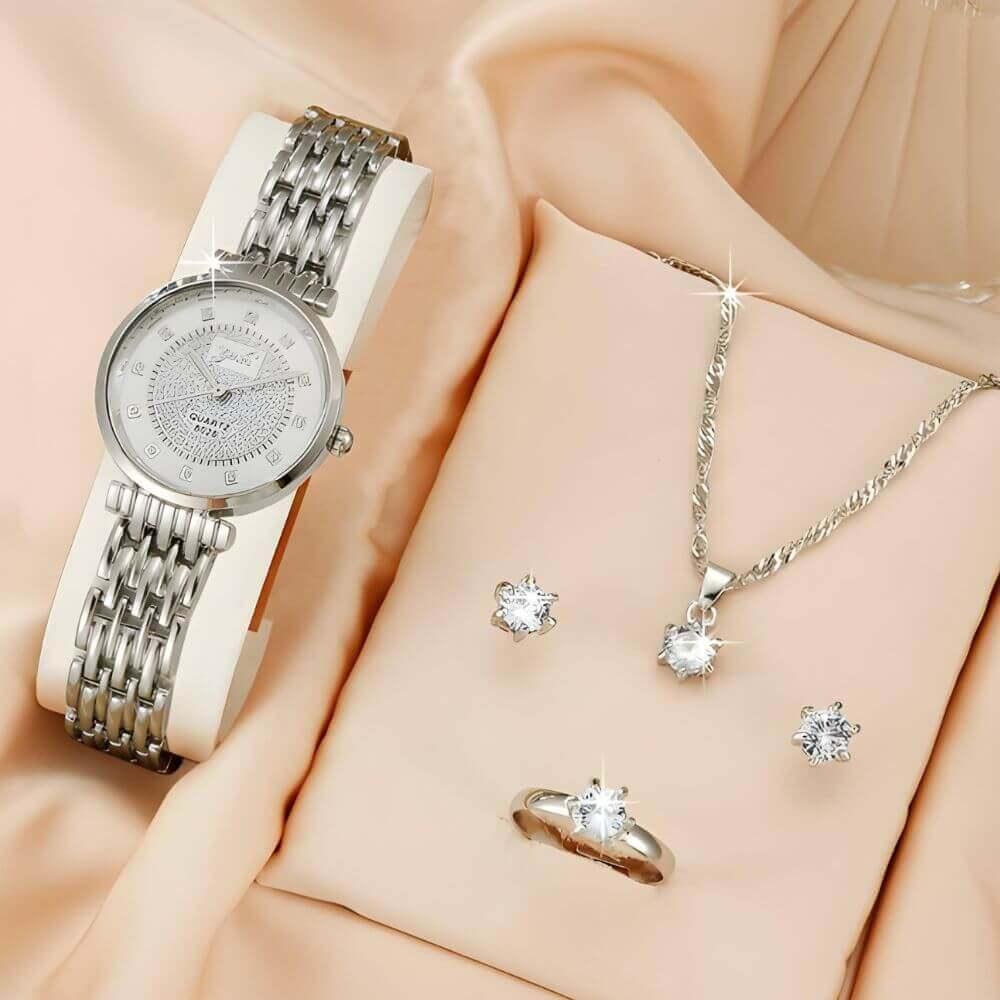 kit feminino de luxo ouro 18k incluindo relógio, brinco, colar e anel - luxosa-of