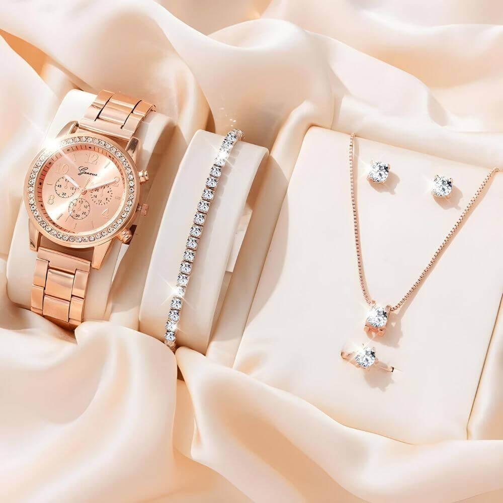 kit feminino de luxo incluindo relógio, pulseira, colar, brinco e anel - luxosa-of